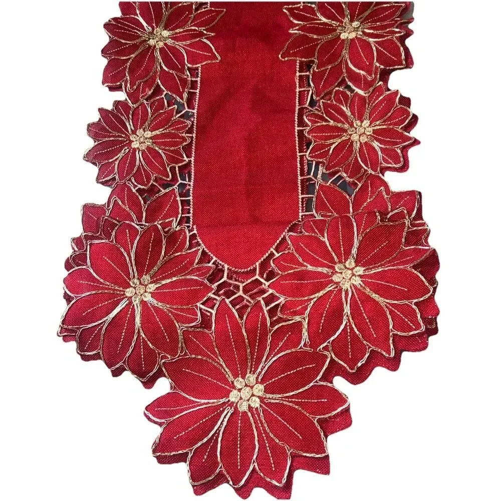 A4 Rachel Ashwell Lined Red Christmas Table Runner Gold Embroidery